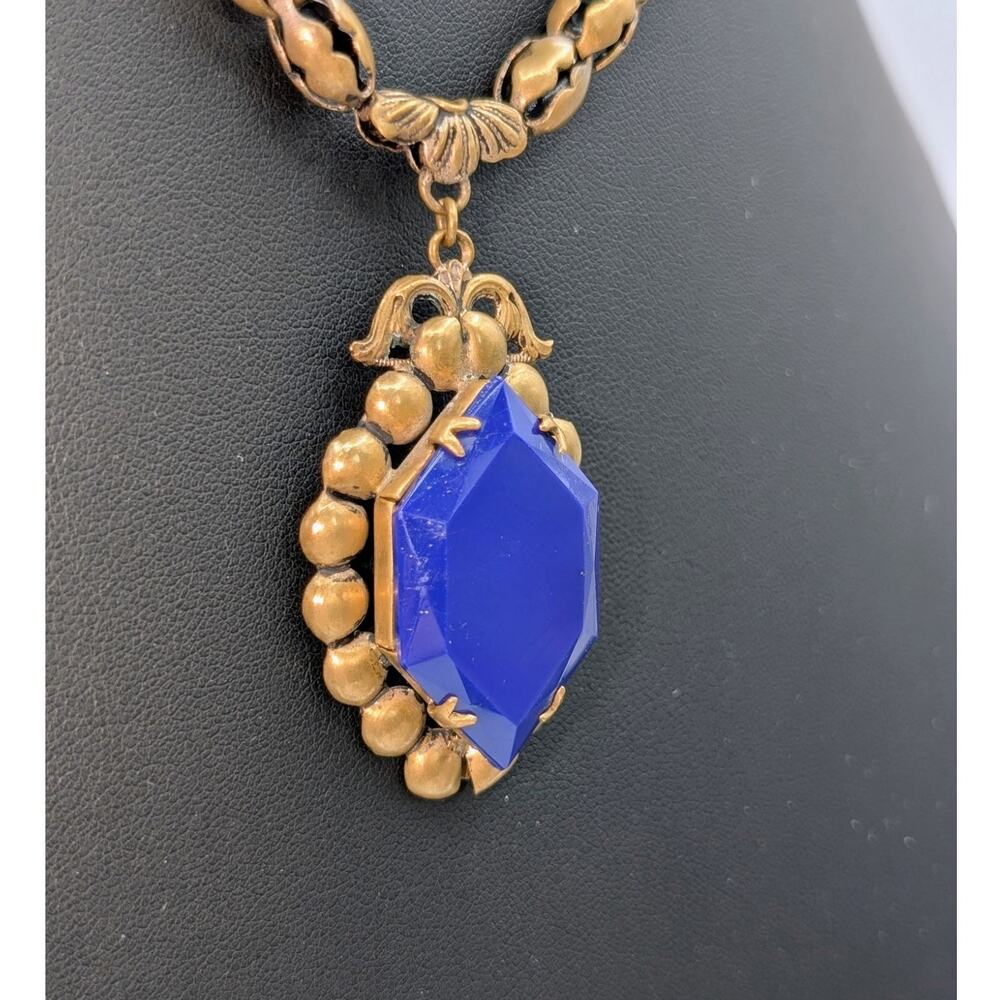 VTG/Antique Marked Czech Opaque Blue Pendant Muted Gold Tone Chain 16" Necklace - Picture 3 of 9